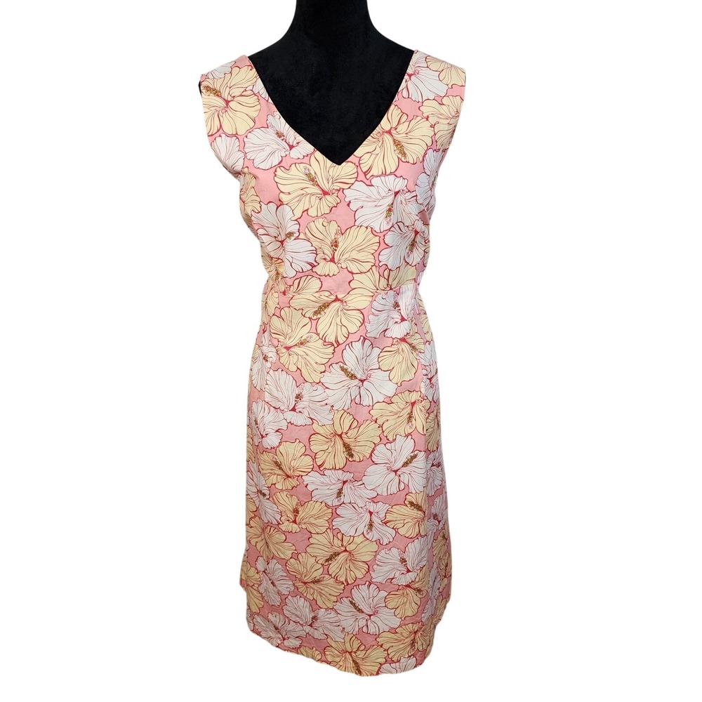 IZOD Size XL Cotton Stretch V-Neck & Back Hibiscus Floral Print Casual Dress
